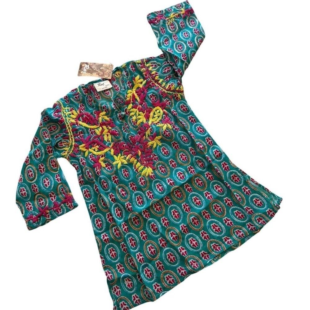 Raj Kids Boho Tunic Dress Girls 2–4Y India Cotton Floral NWT Deadstock Teal Pink
